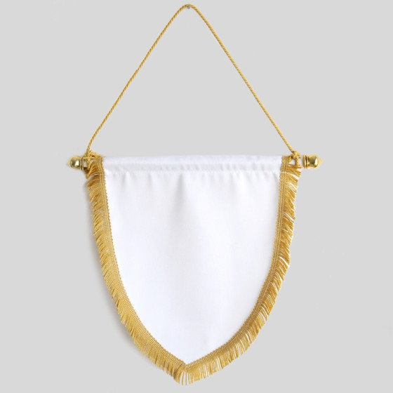 White fabric pennants with gold fringe 22x25 cm.